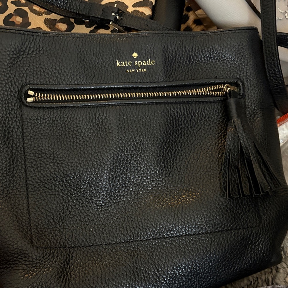 kate spade Black Pebbled Leather Shoulder Bag with Tassel